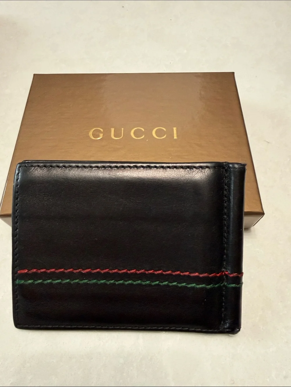 Gucci Black Leather Money Clip with Red & Green Stitching